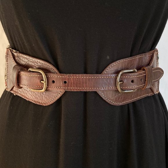 Anthropologie Double Buckle Western Cinch Belt Sz M Brown Leather, Woven Fabric main image 7